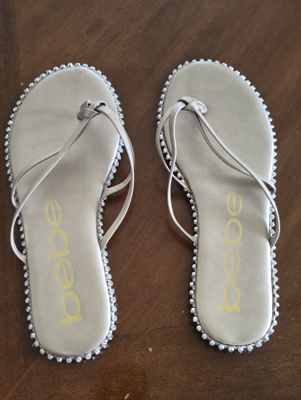 bebe Beige Rhinestone-Trim Thong Sandals
